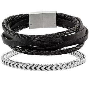 NWOT Men's Leather & Stainless Steel Bracelet Set